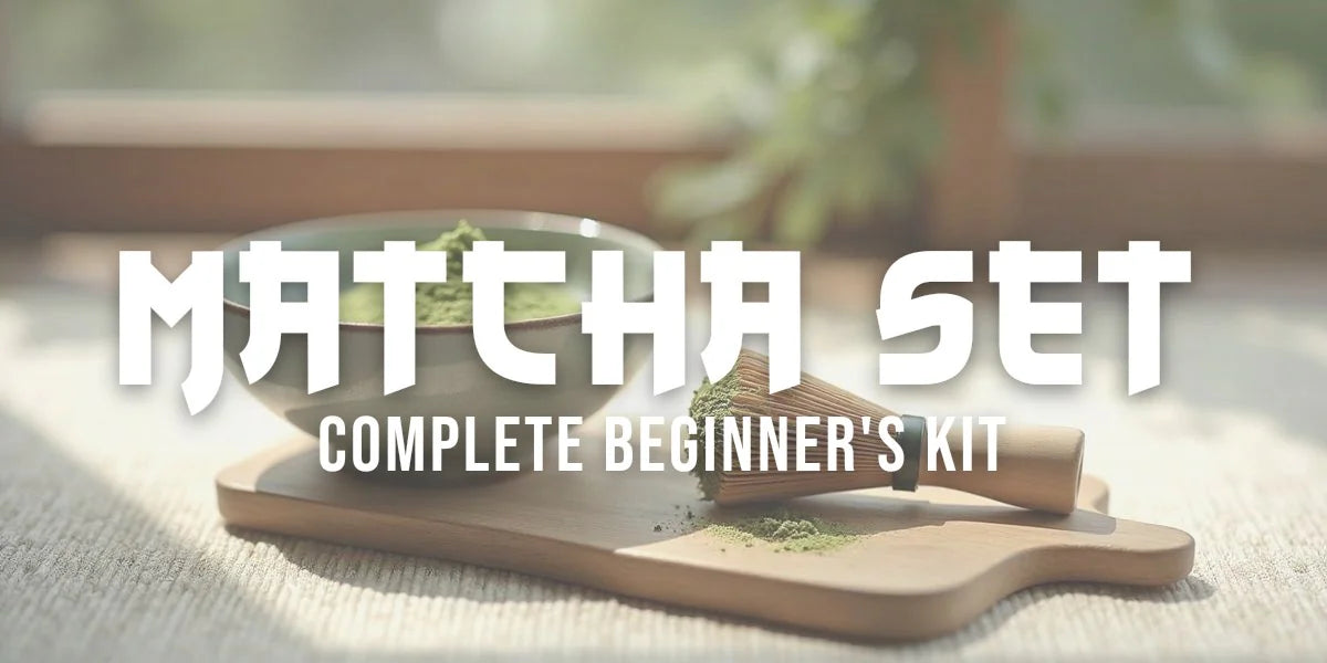 Complete matcha set with ceramic bowl, bamboo whisk, scoop and sifter arranged on tatami with green powder
