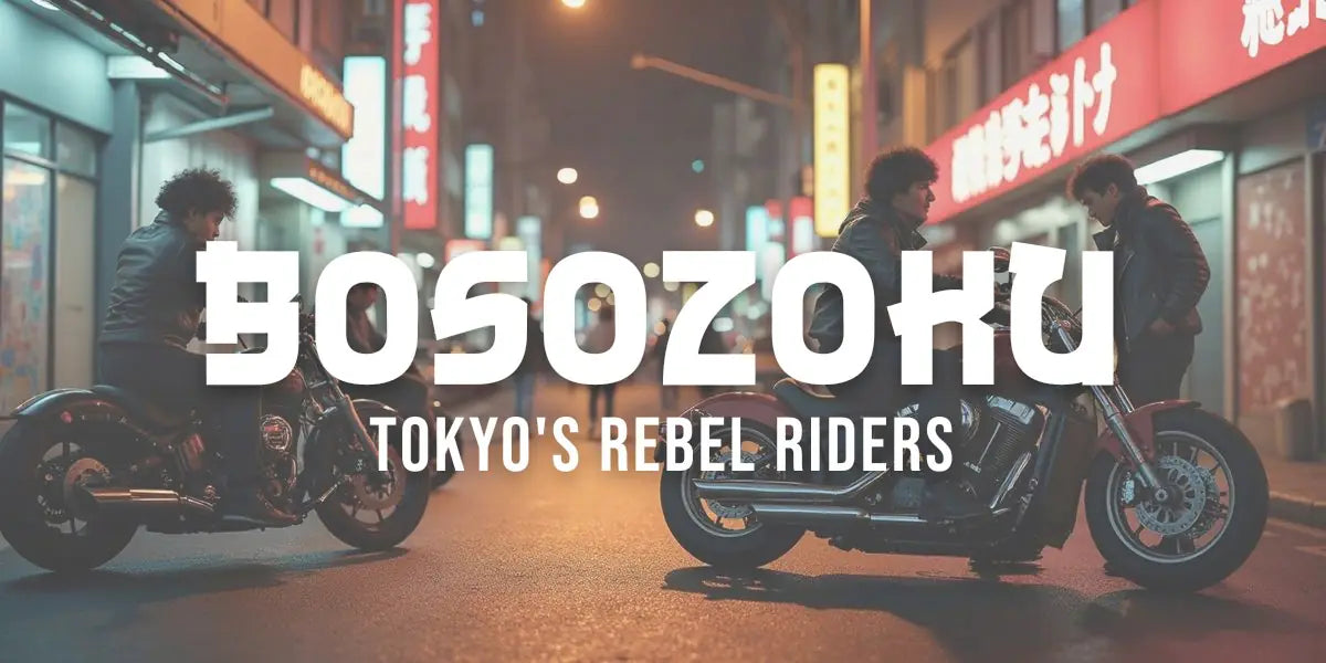 Bosozoku motorcycle gang riders gathered on neon-lit Tokyo street, chrome bikes glinting at night