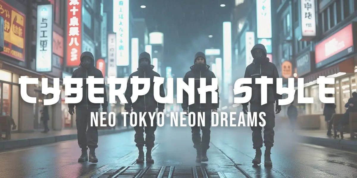 Three people in futuristic techwear walking a neon-lit rainy street in a future Tokyo