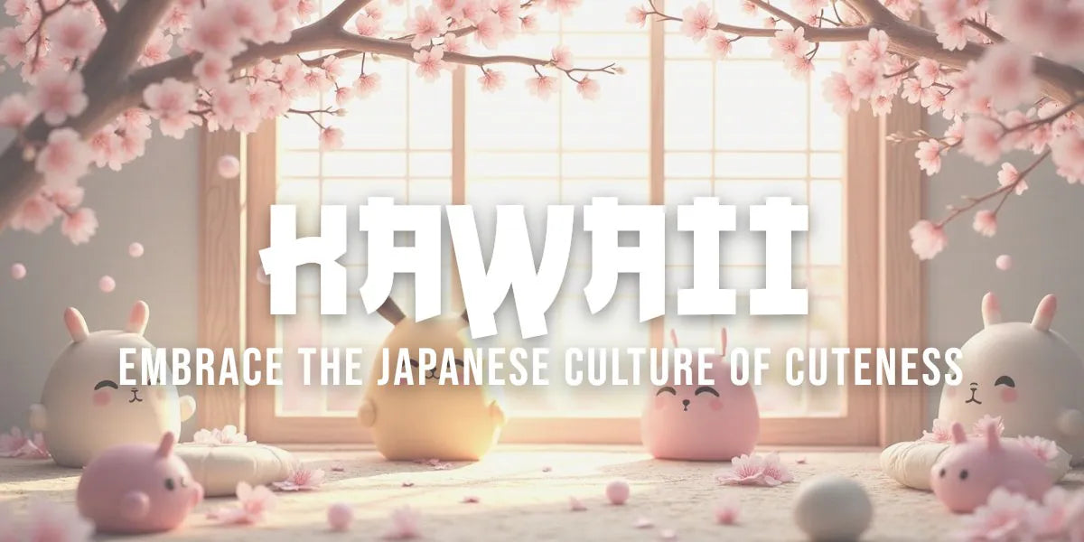 Traditional ukiyo-e style artwork celebrating kawaii culture with cute characters and cherry blossoms
