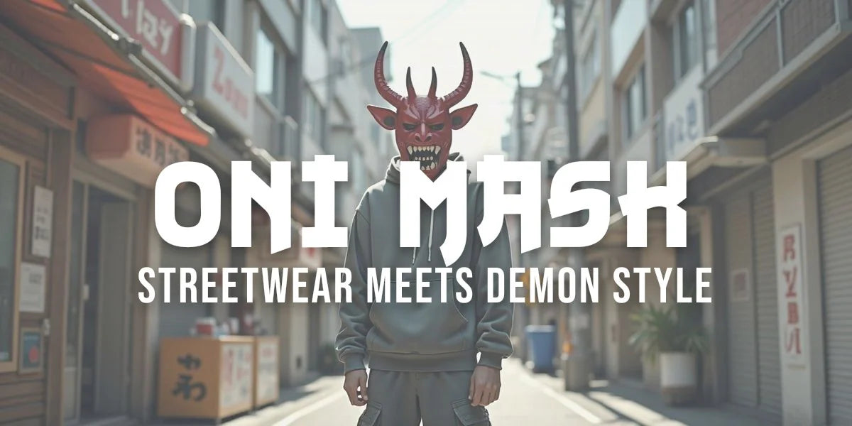 Person in red oni mask with horns wearing modern streetwear on city street in daylight