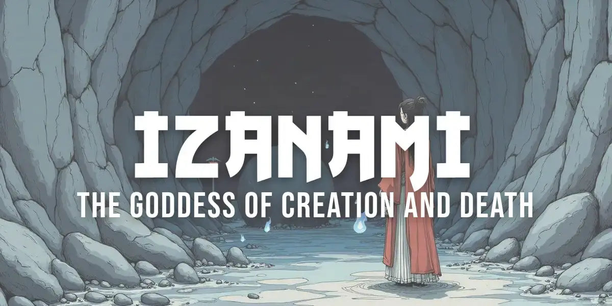 Ukiyo-e style illustration of the goddess Izanami at the entrance of Yomi, the Japanese land of the dead