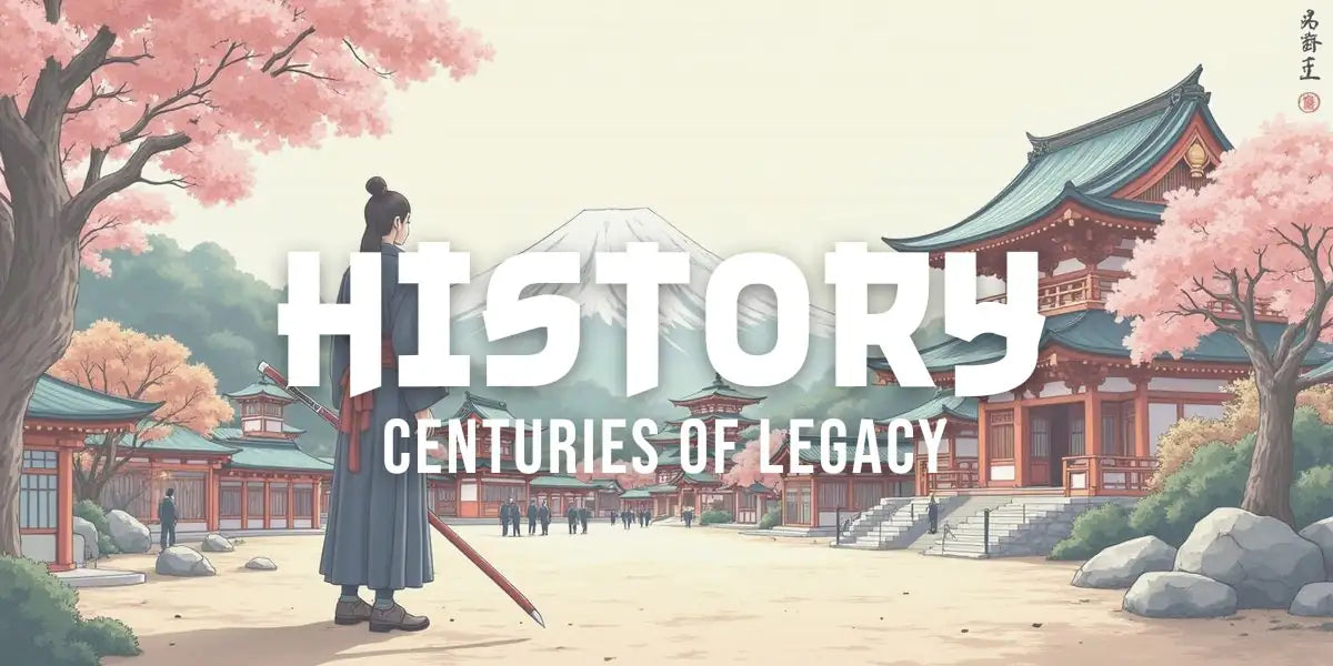 Traditional ukiyo-e style illustration depicting Japan's historical epochs, temples, samurai, and cultural heritage through layered artistic elements