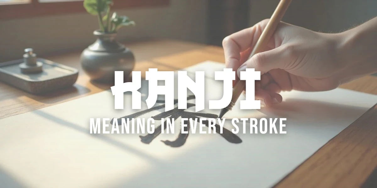 Hand holding a calligraphy brush drawing a kanji in ink on washi paper