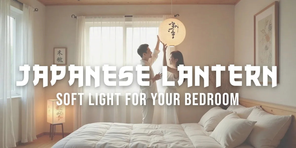 Couple hanging a chochin paper lantern beside a washi andon lamp in a minimal bedroom