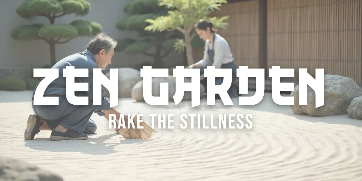 Two gardeners raking gravel ripples and placing mossy stones in a Zen garden