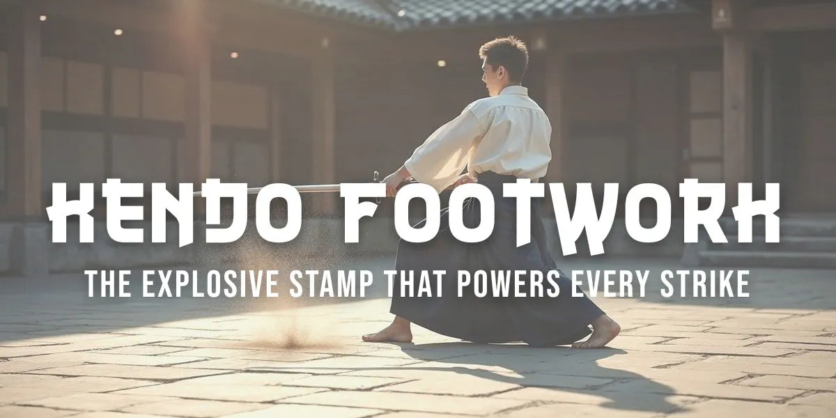 Kendo student's feet and legs in indigo hakama performing explosive stamping footwork, fumikomi technique, on stone courtyard.