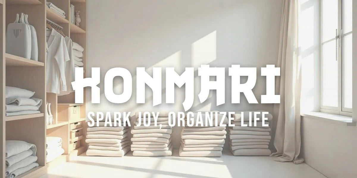 Minimalist bedroom interior with neatly folded clothes on wooden shelves and organized space