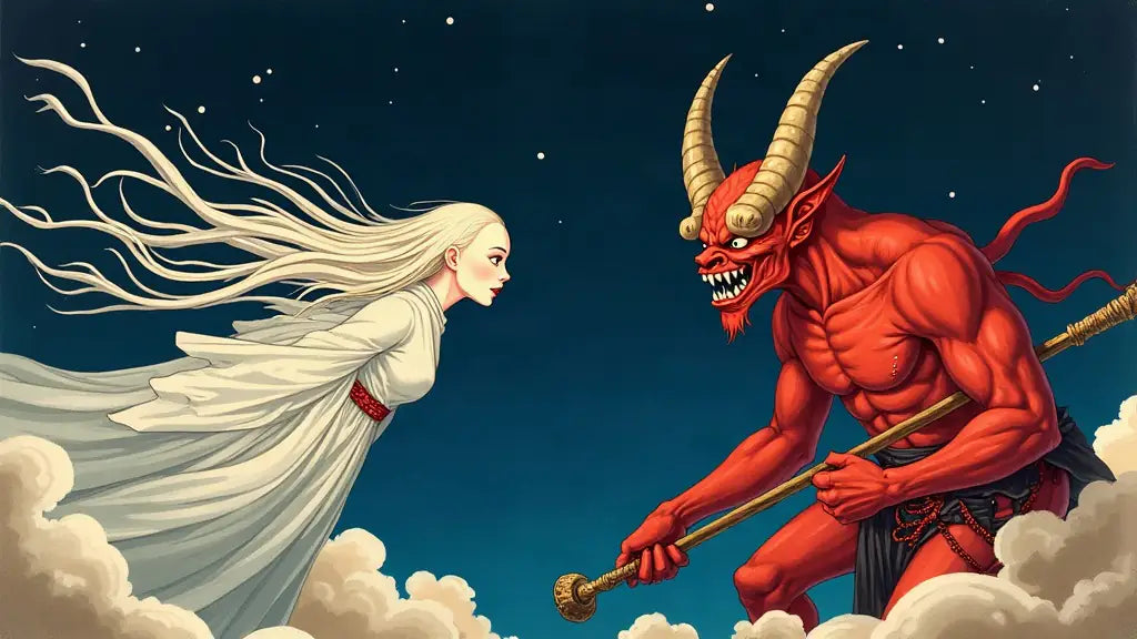 Ukiyo-e illustration of yurei and oni demon at night