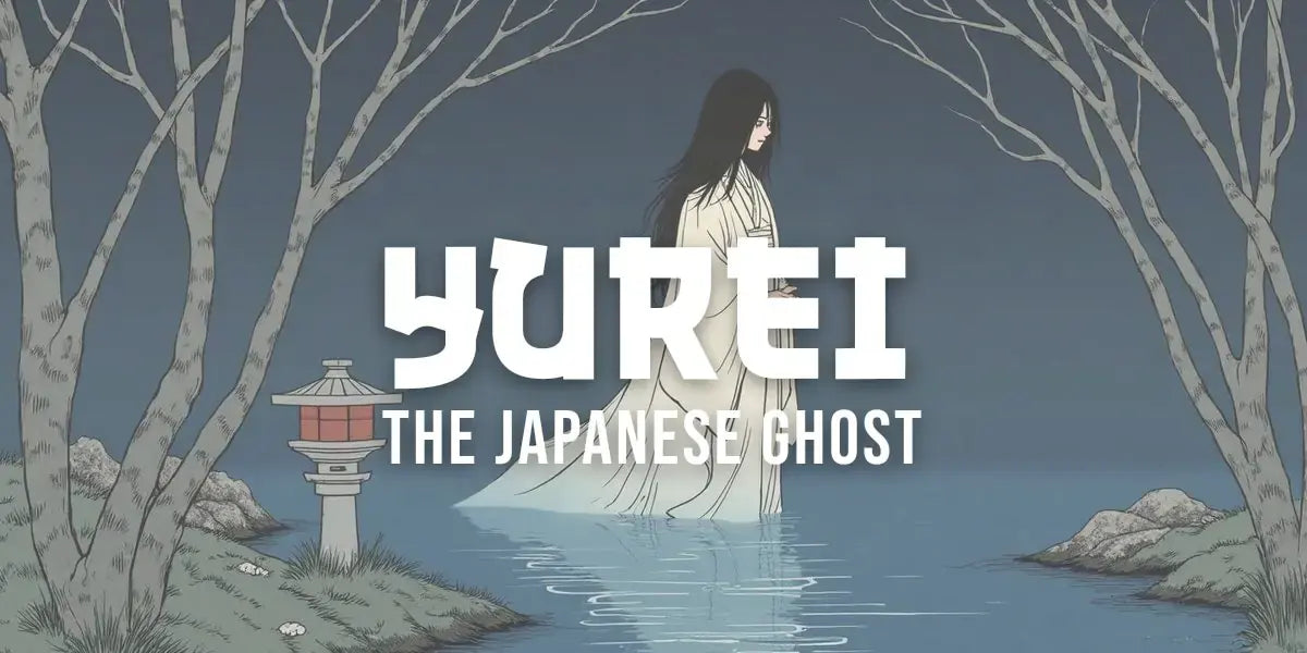 Estampe ukiyo-e d'un yurei, esprit en kimono blanc aux cheveux denoues au bord d'une riviere la nuit