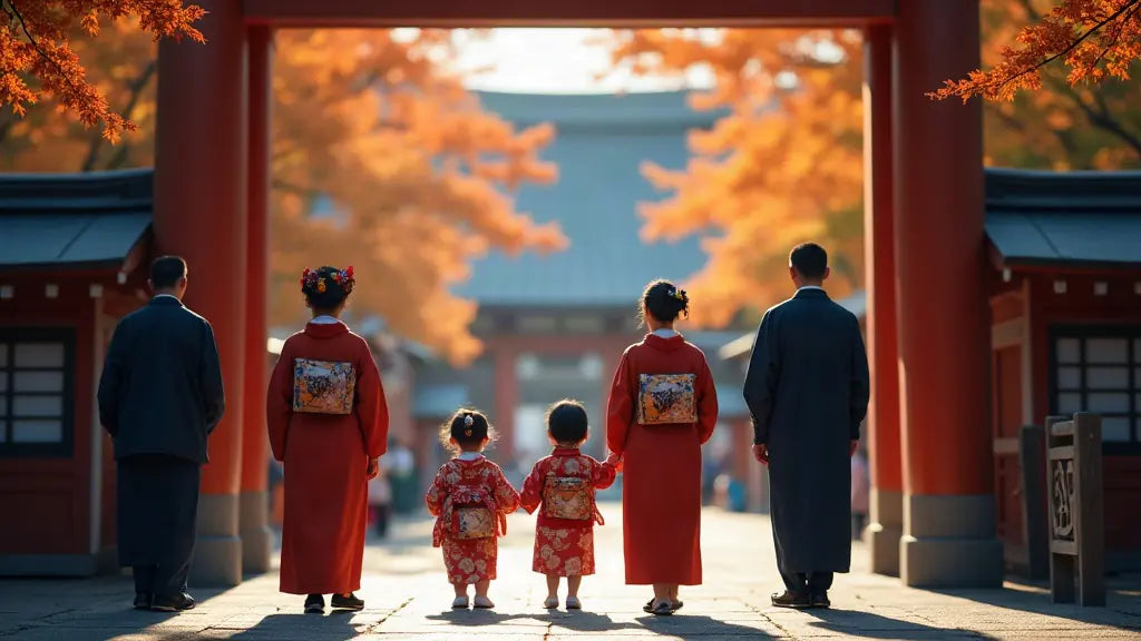 Children and families in traditional Shichi-Go-San clothing gathered at a Japanese shrine on November 15