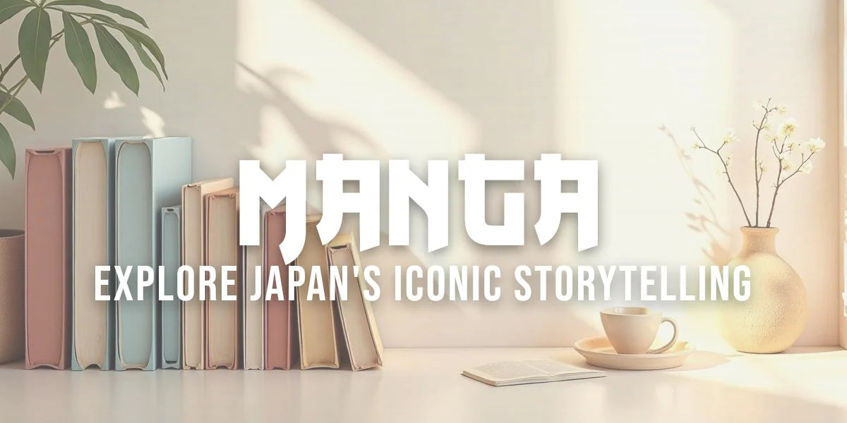 Colorful manga volumes displayed, representing different genres and artistic styles of Japanese comics