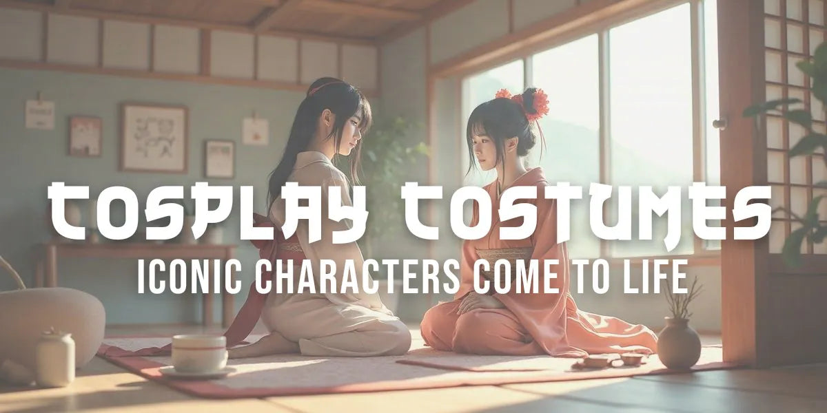 Colorful cosplay characters in elaborate Japanese anime costumes displaying detailed makeup and props