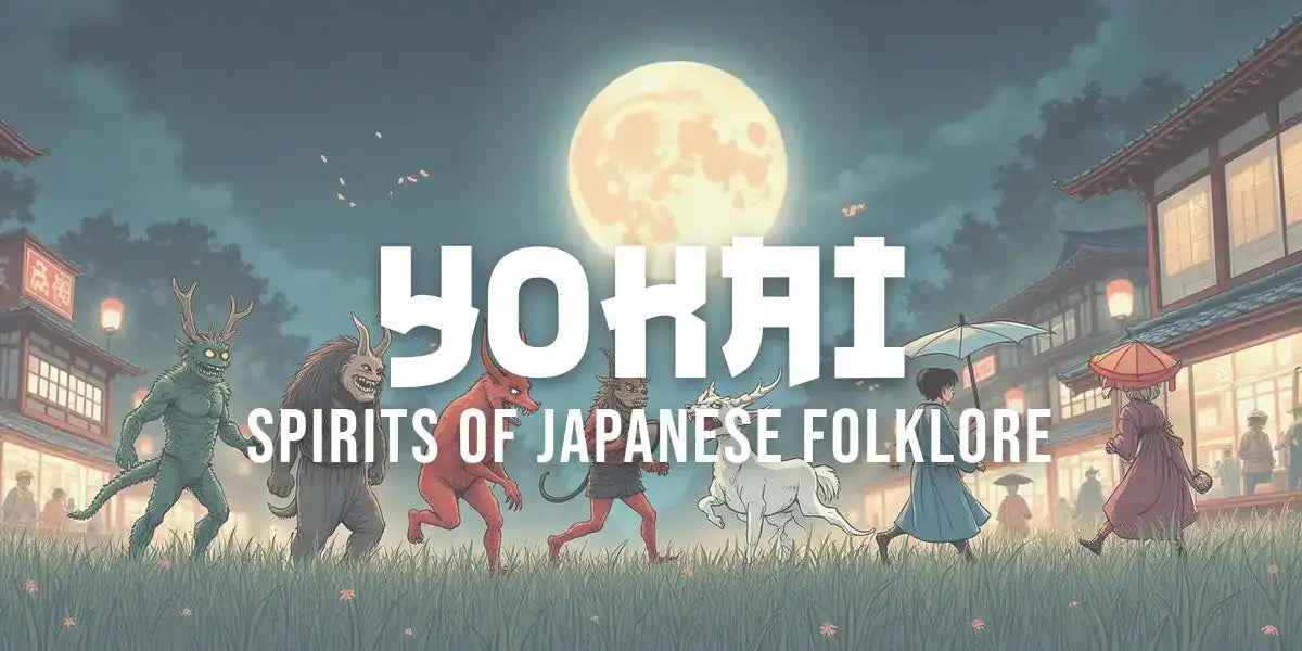 Ukiyo-e style illustration of a night parade of Japanese yokai: kappa, tengu, kitsune and oni