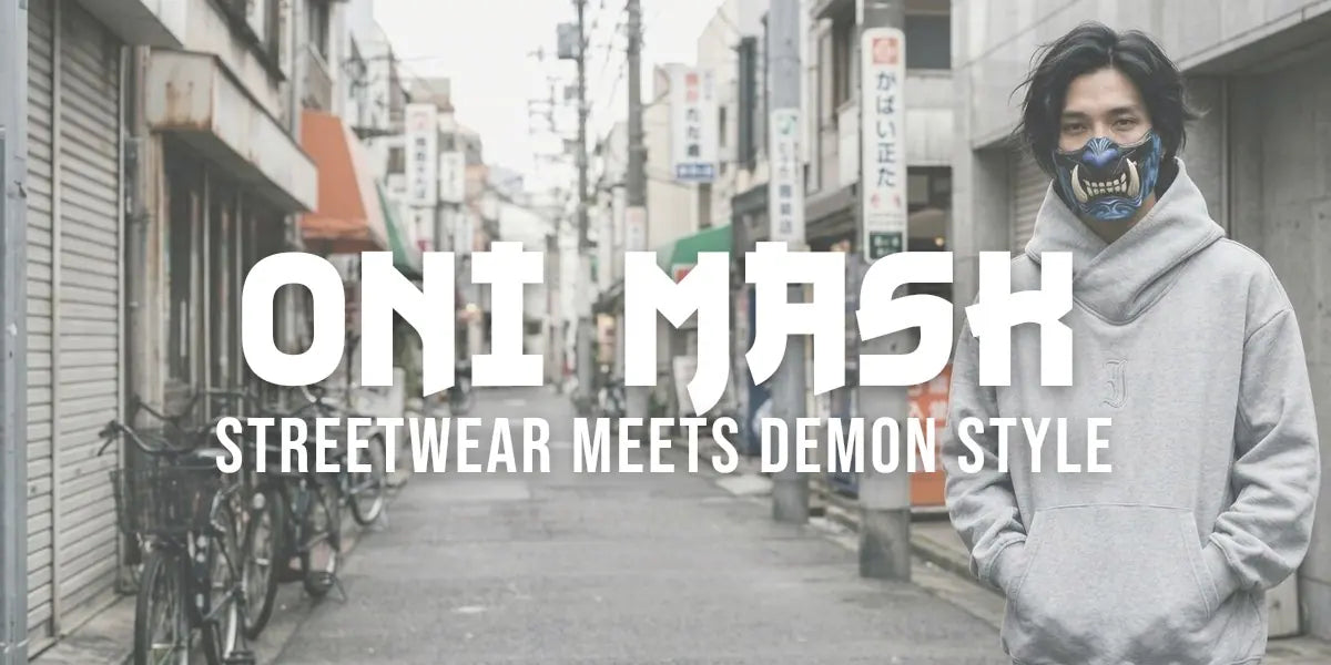 A man in a grey Harajuku hoodie and dark Japanese trousers wearing a blue oni half mask in a Tokyo street