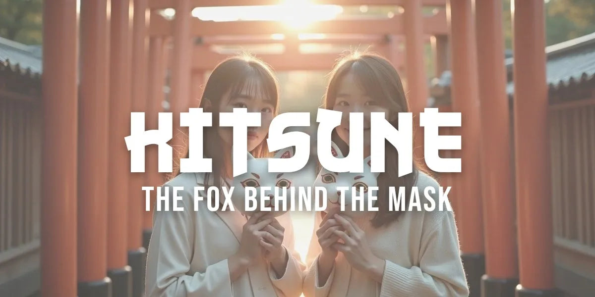 Two friends holding painted ceramic kitsune fox masks near vermilion torii gates at dusk