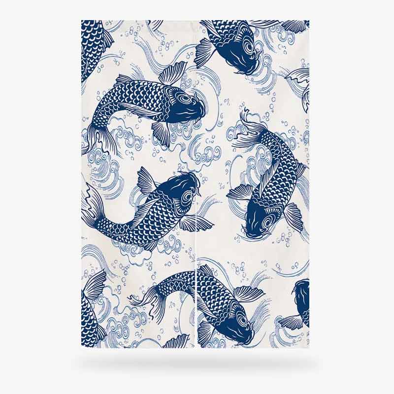 a Japanese Curtains Doorway of blue koi fish on a white background