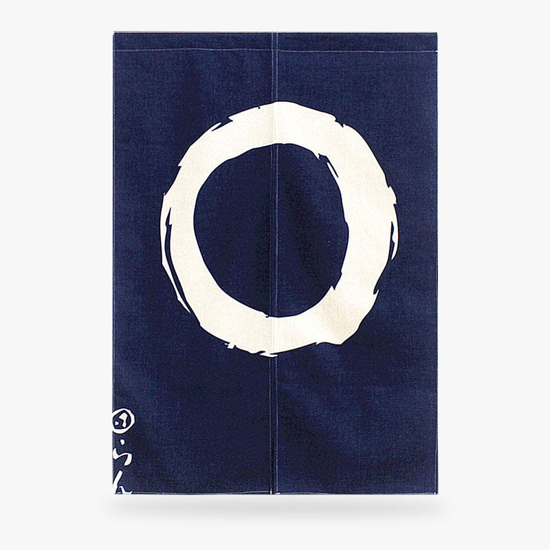a Japanese Doorway Curtain with white zen circular design on a navy background