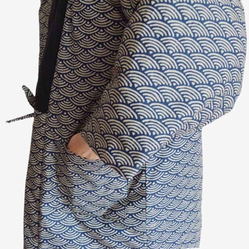 Close up on a Japanese Hanten vintage with traditional japanese pattern printed on the cotton fabric