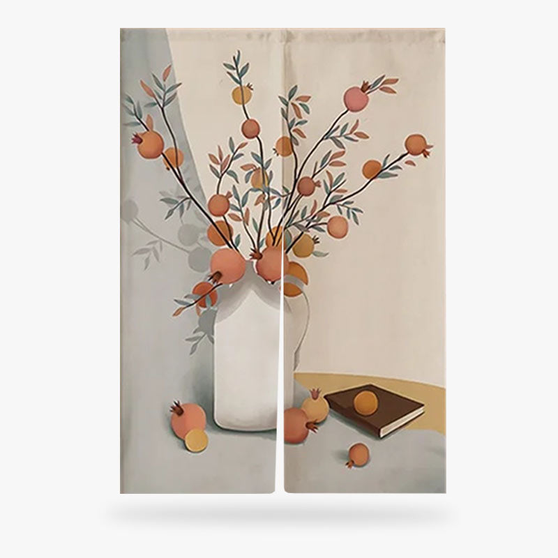 a Japanese Kitchen Curtain with a vase of flowers and pomegranates design on a beige background
