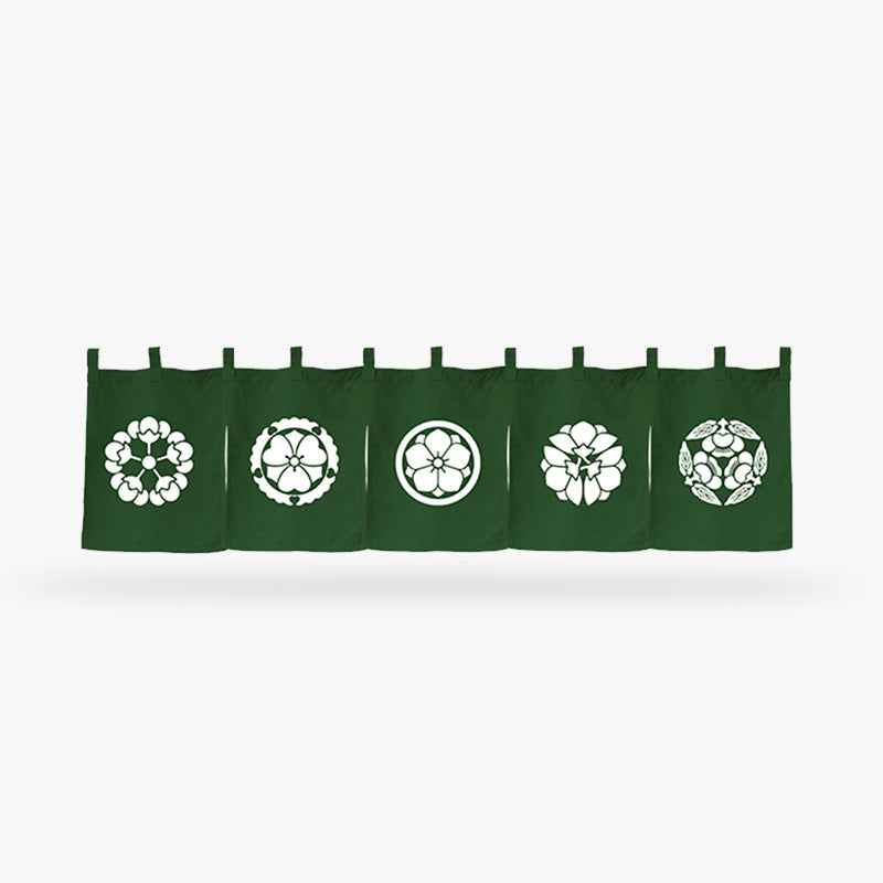 Japanese Noren Doorway Curtain with Green fabric valance with white floral patterns and white samurai clans pattern on a white background