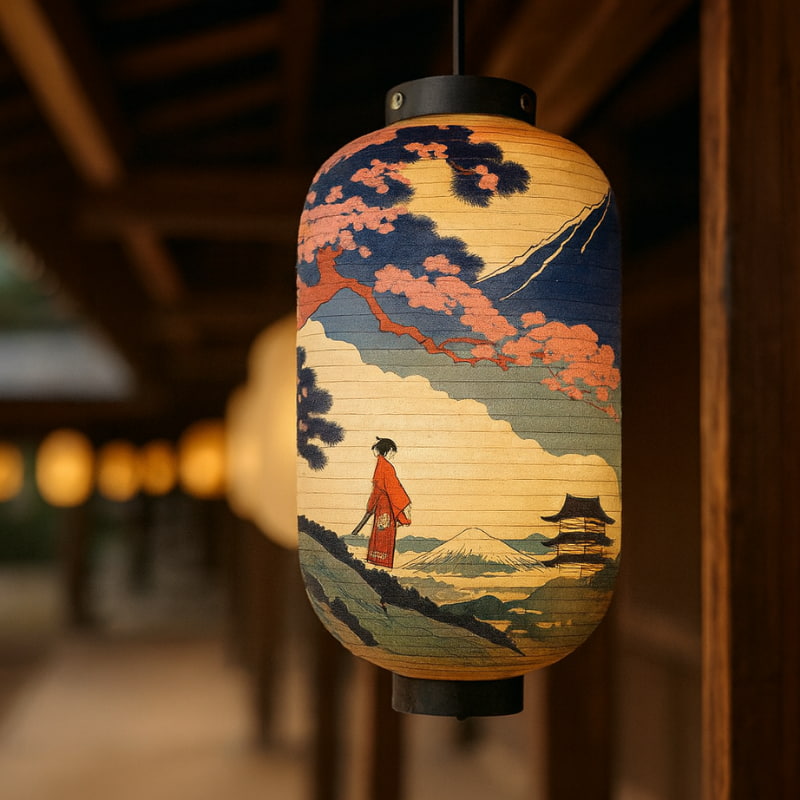 Decorative lantern with Japanese landscape design featuring a person in a red kimono.