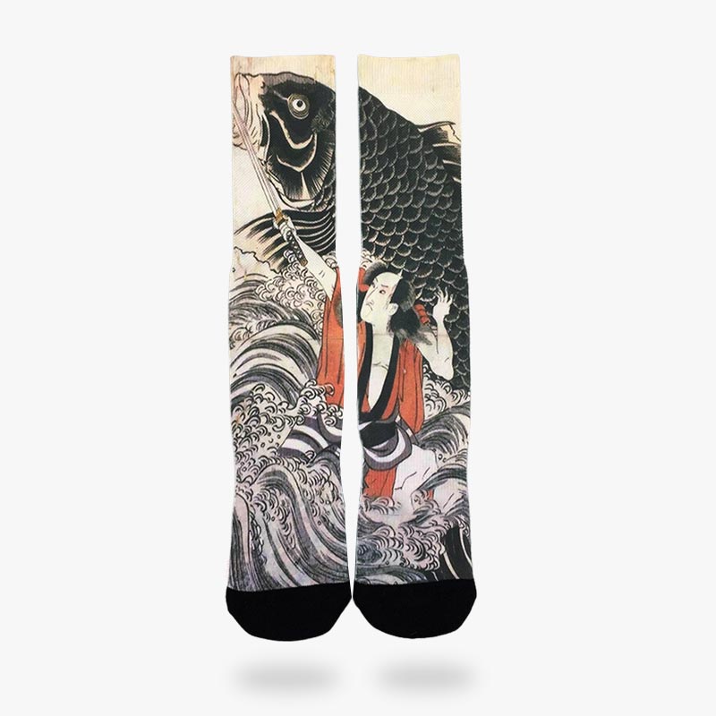 A pair of Japanese Koi Carp socks. Feodal Japanese socks with Ukliyo-e prints representing samurai with katana fighting a giant japanese carp