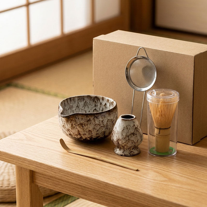 a Matcha Set Kit on a wooden table with all japanese accessories for matcha