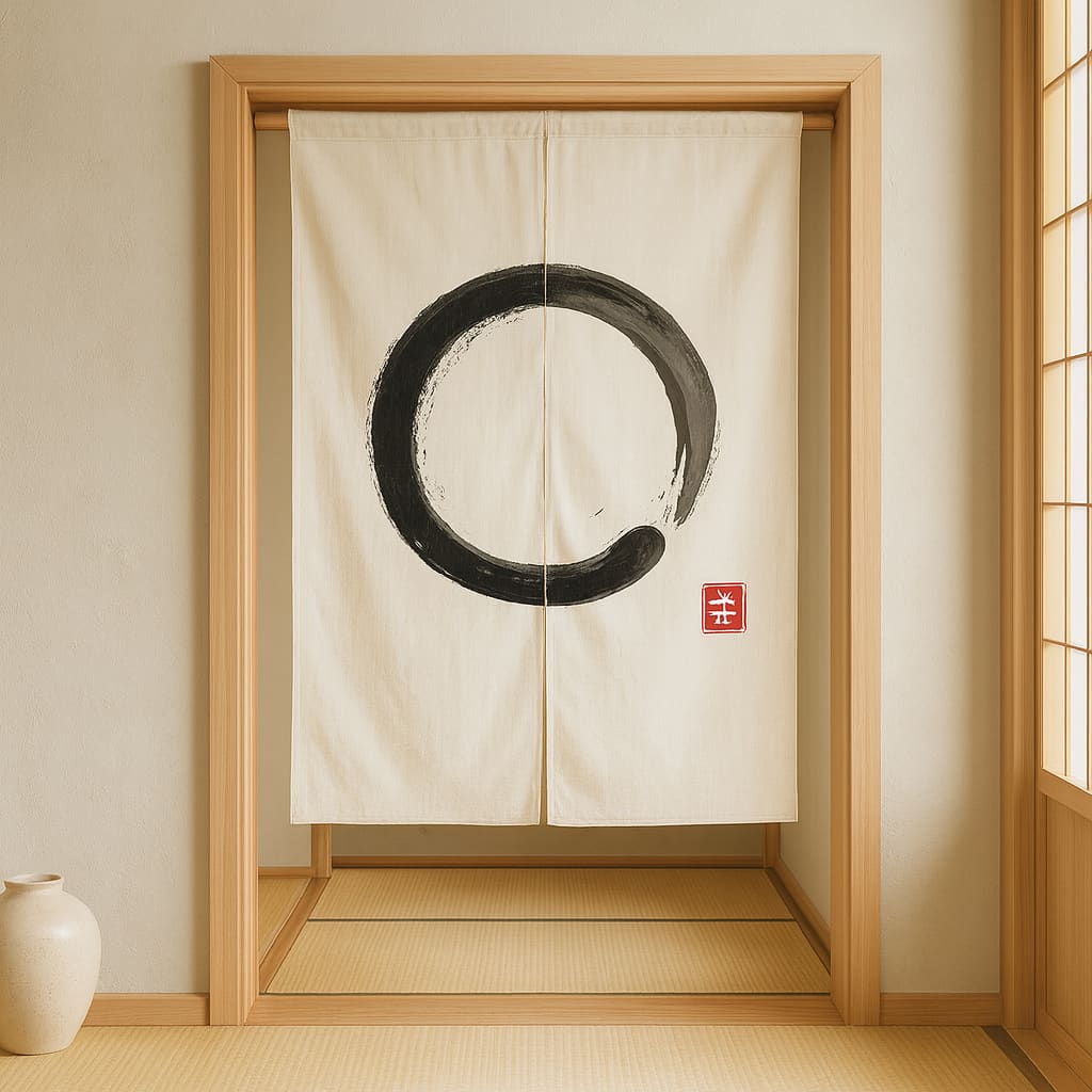 Japanese-style door with a decorative noren enso curtain featuring a black circle and red symbol.