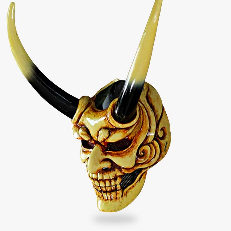 This ancient japanese demon mask is a oni mask. Oni is a japanese demon with horns from shinto myth