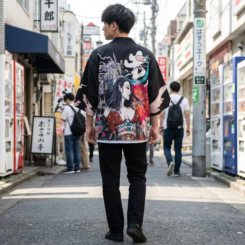 Back view of a anime haori worn in a Harajuku street, showing the full print