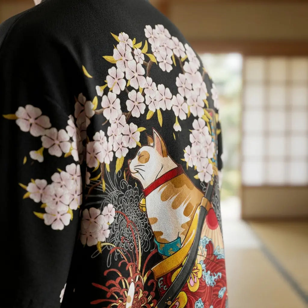 Close-up of the back embroidery of a kimono jacket haori
