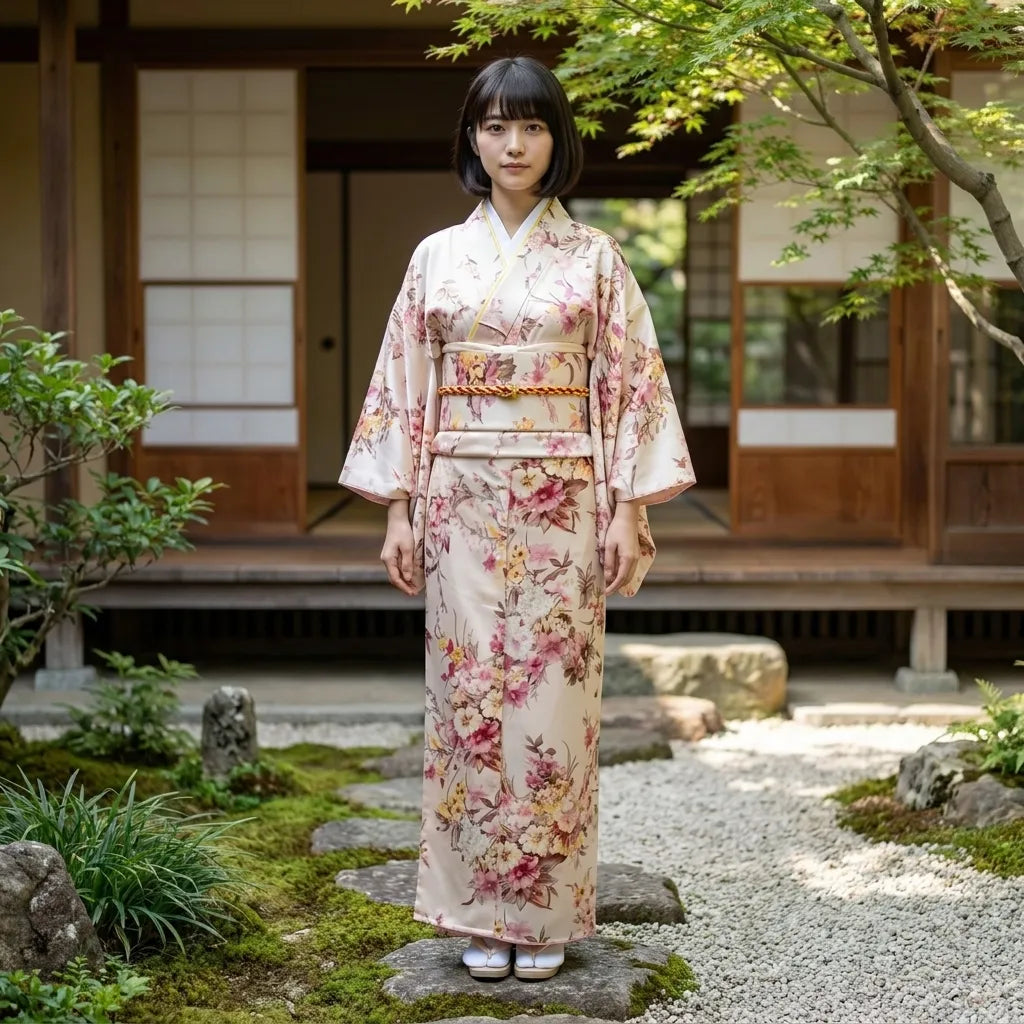 Close-up of sakura branch print on a beige kimono robe sleeve