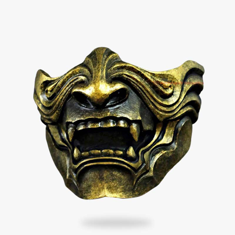 the black and gold japanese mask is made with fiber glass. THis mask is an half samurai mask representing a oni demon