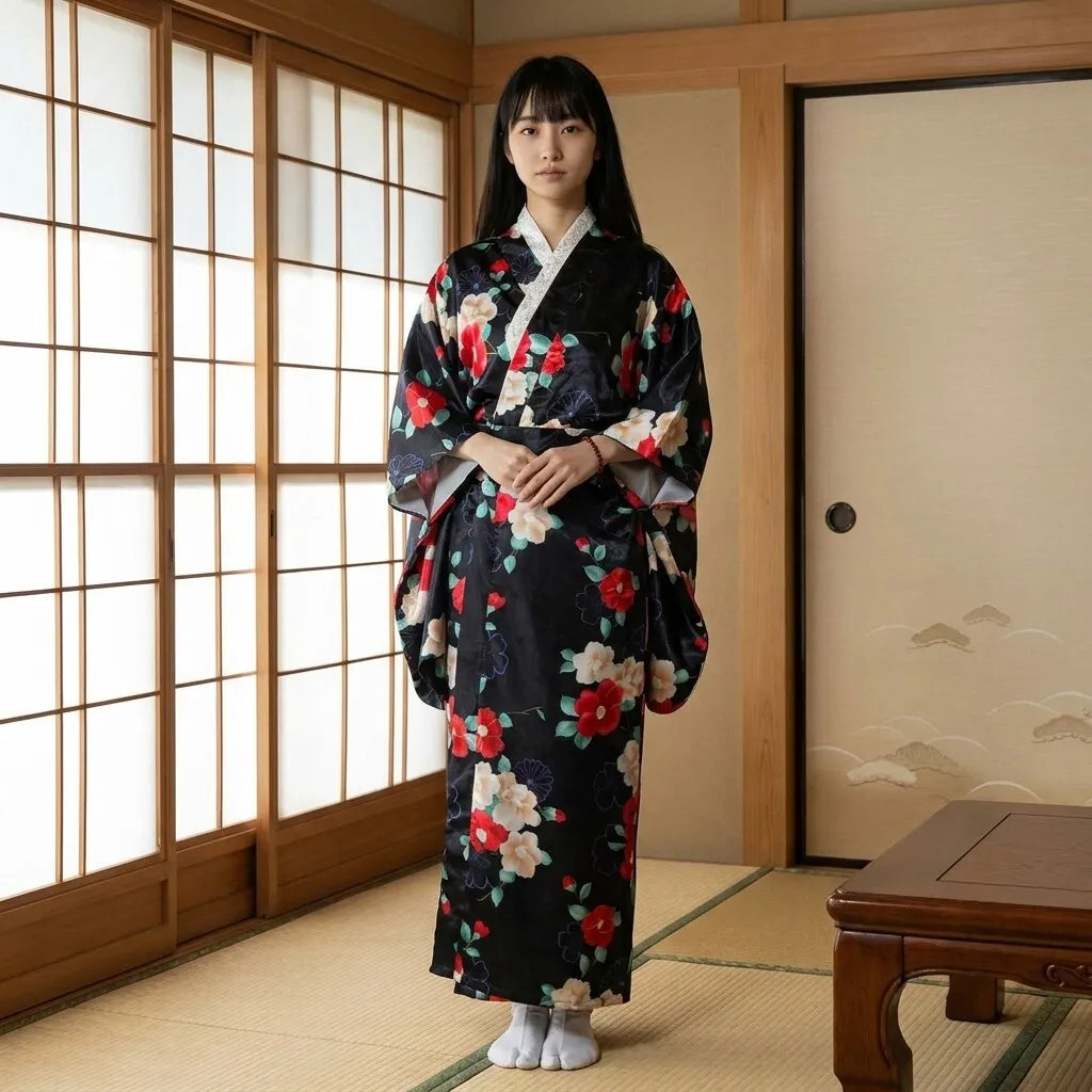 Black floral kimono with camellia motif worn open over a dark outfit