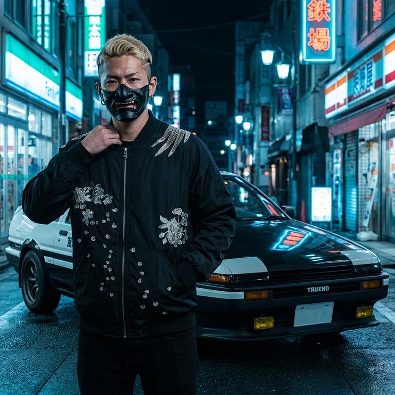 Man wearing a black oni mask and a black floral souvenir jacket in a Tokyo neon-lit street with a Japanese Trueno car in the background
