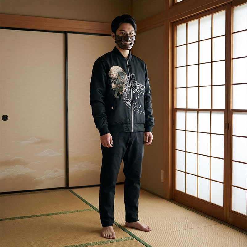 Person wearing a black Japaense souvenir jacket with a fujin design embroidered in a traditional Japanese room
