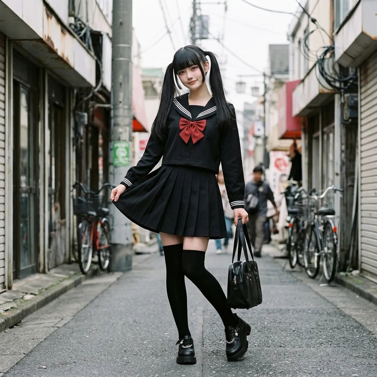 Black sailor fuku with red bow worn in a Harajuku backstreet with a school bag