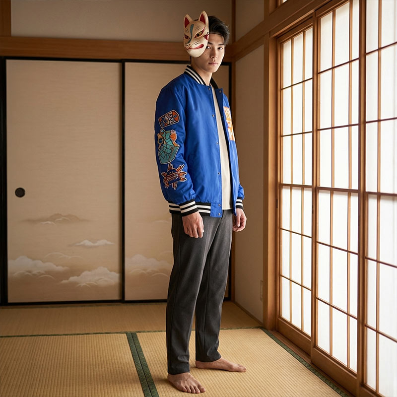 Person wearing a blue Japanese souvenir jacket with colorful designs in a traditional Japanese room