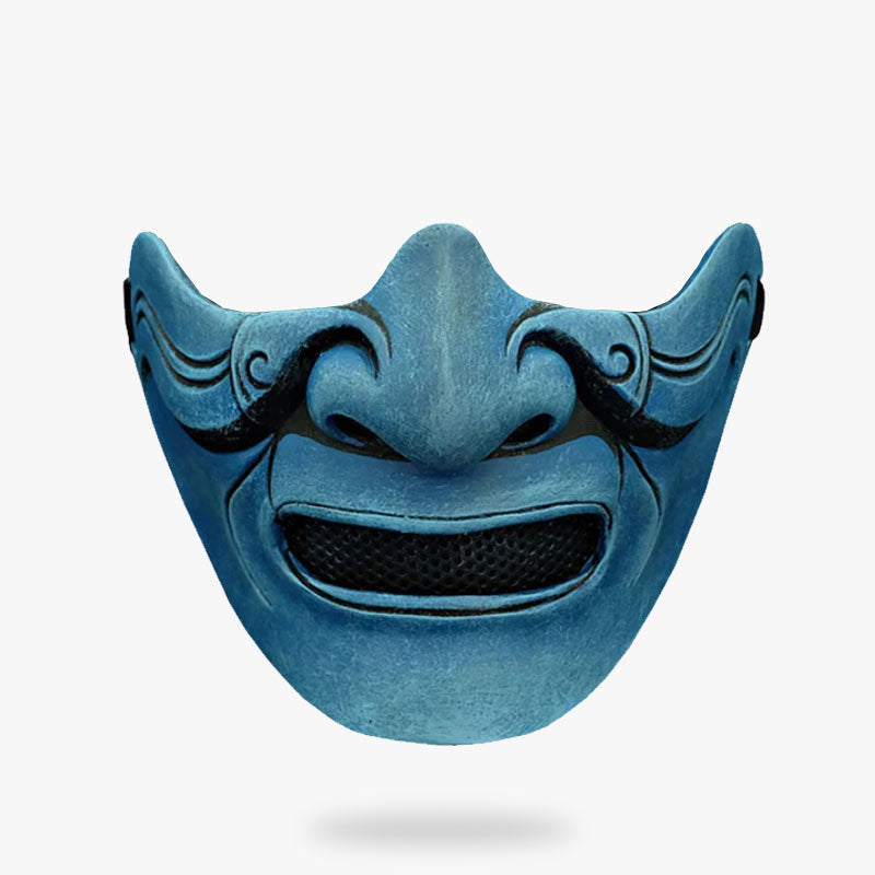 The blue samurai mask symbolizes half ghost face from a Japanese demon named Yurei