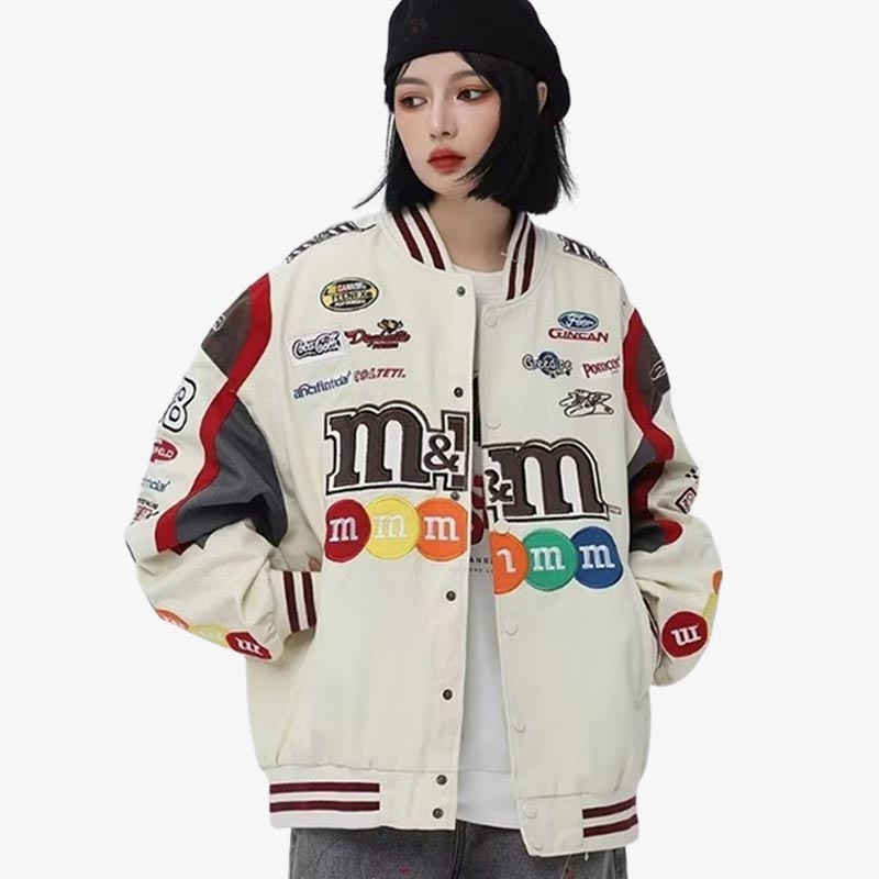 A Japanese woman is wearing a Japanese Style Bomber Jacket and embroidery on the fabric of the Japanese bomber.