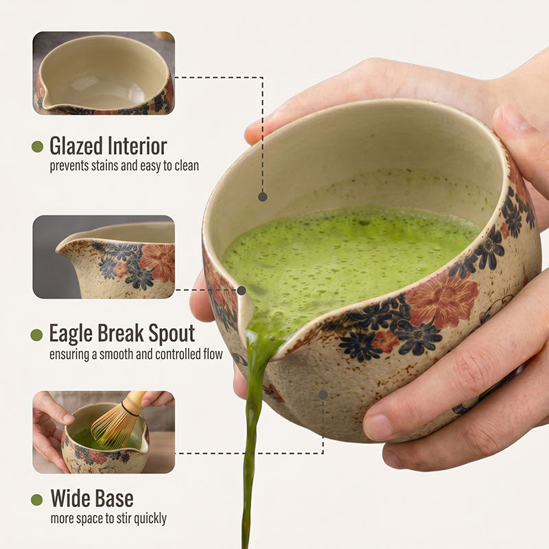 Ceramic Japanese tea bowl with floral design being filled with green tea, highlighting features like a glazed interior and eagle break spout.
