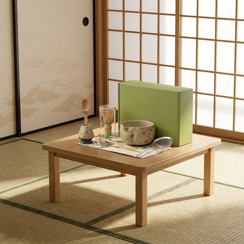 Wooden table with ceremonial matcha tea set and a green box in a traditional Japanese room.