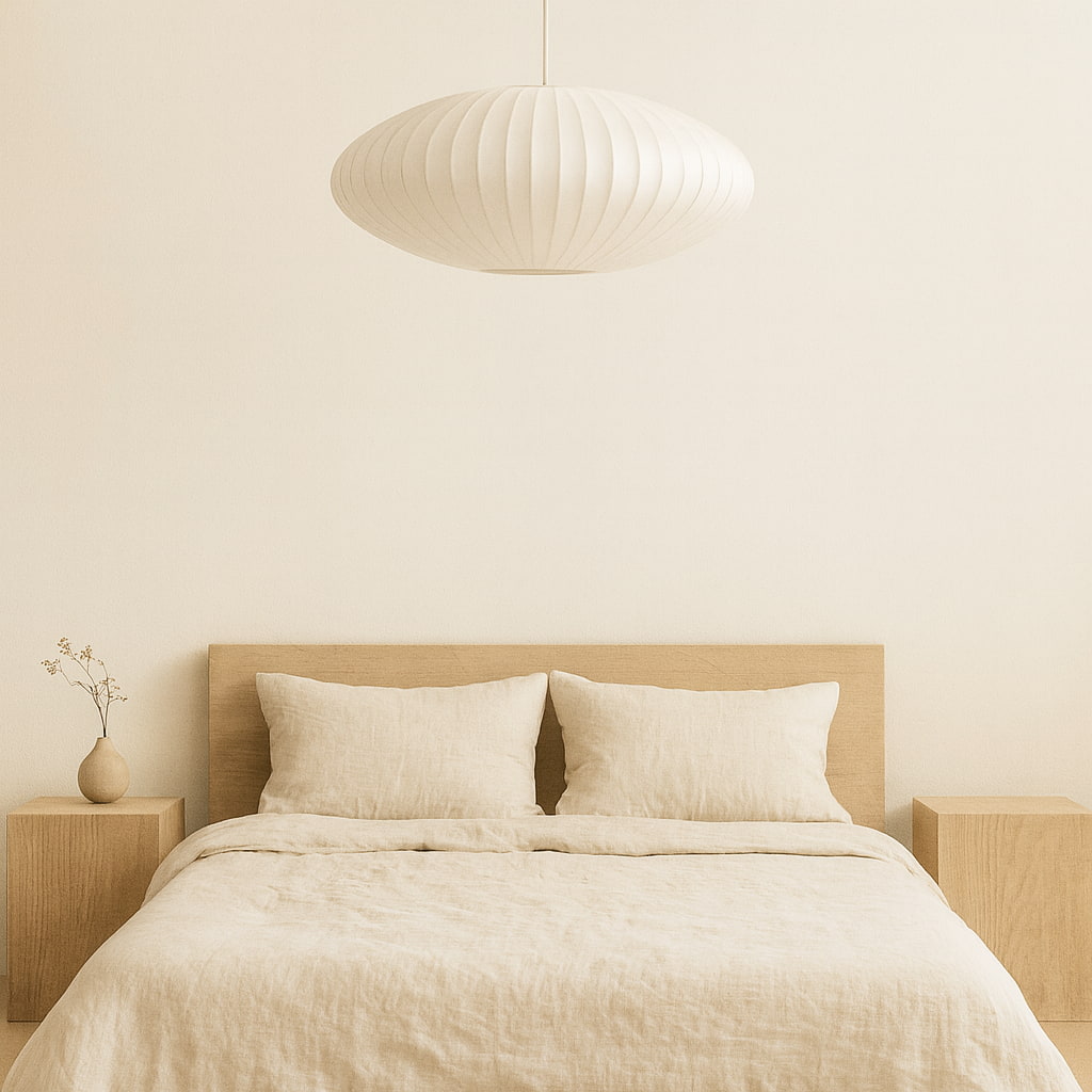 Beige bedroom with a bed, nightstands, and a Chandelier Japanese pendant light.
