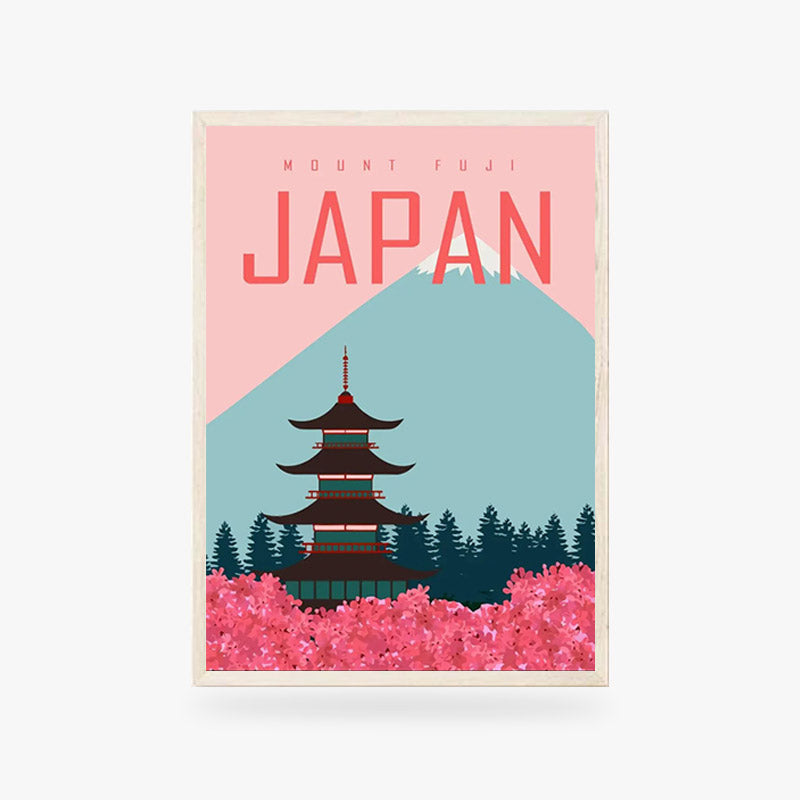 This cherry blossom poster is a famous picture with iconic symbols from Japan as Fuji mount, traditional pagoda, and sakura fowers with red color on the painting.