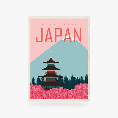 This cherry blossom poster is a famous picture with iconic symbols from Japan as Fuji mount, traditional pagoda, and sakura fowers with red color on the painting. 