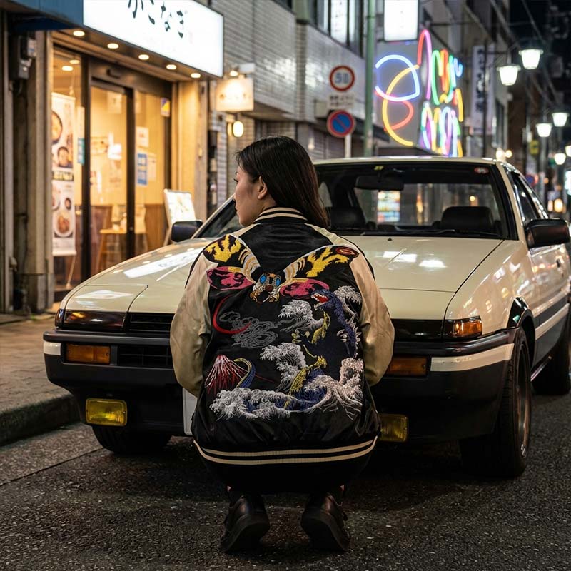 woman wearing a colorful souvenirjacket standing in front of a car on a city street at night.