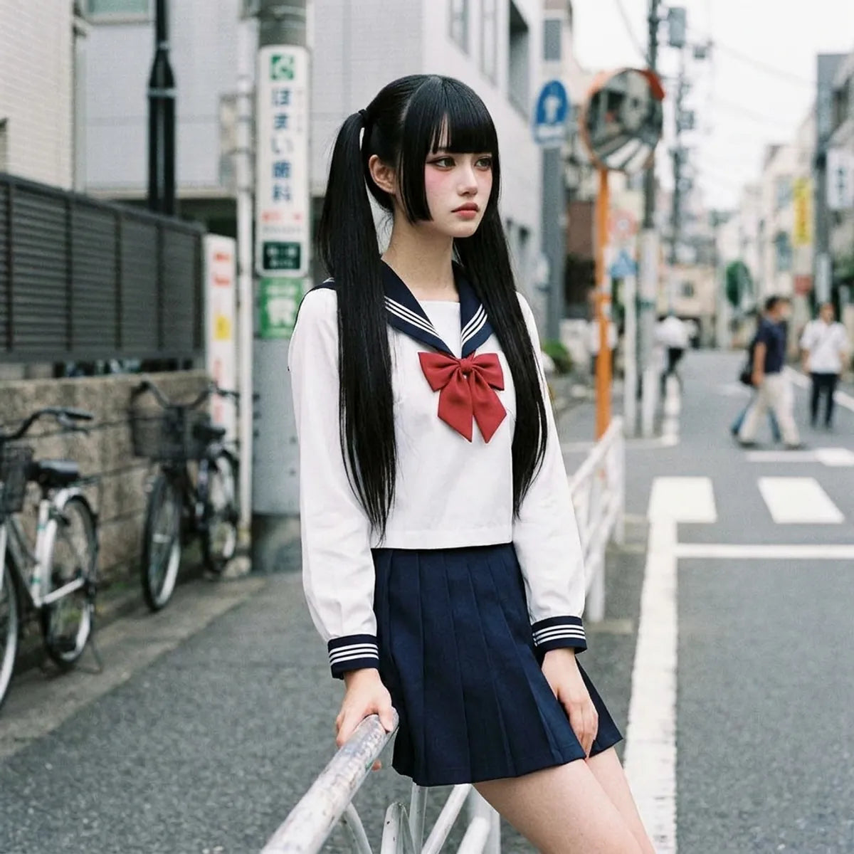 White cropped sailor top with navy collar and red bow tie at the neckline