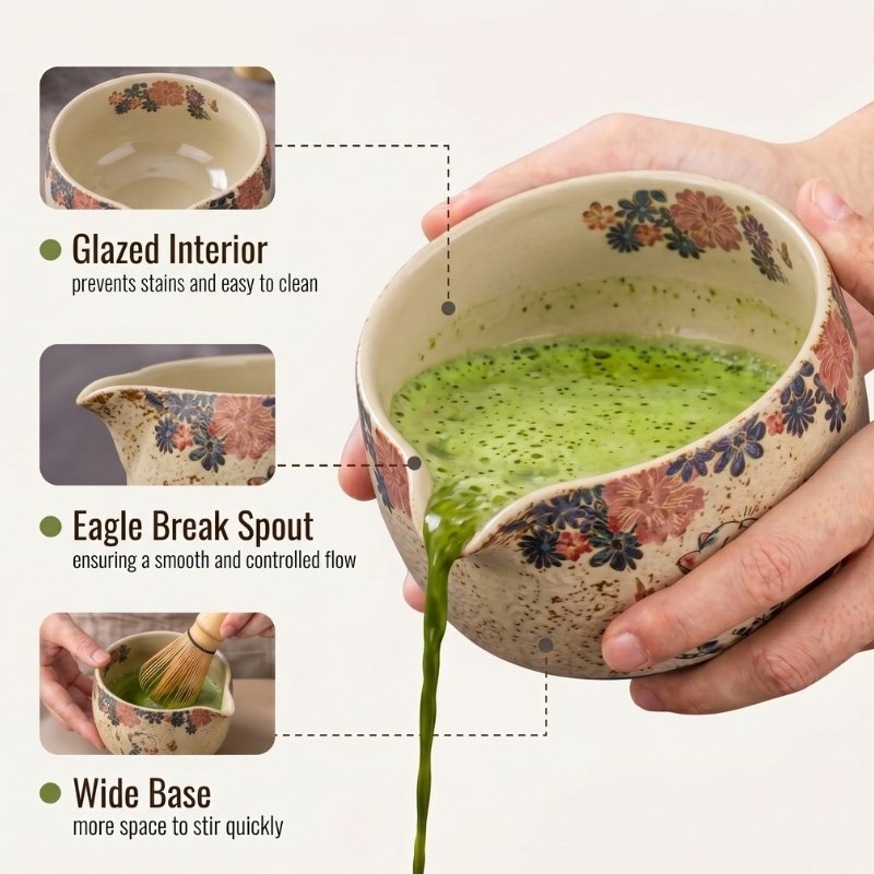 a cute Ceramic matcha bowl with floral design being filled with green liquid, highlighting features like glazed interior and eagle break spout.