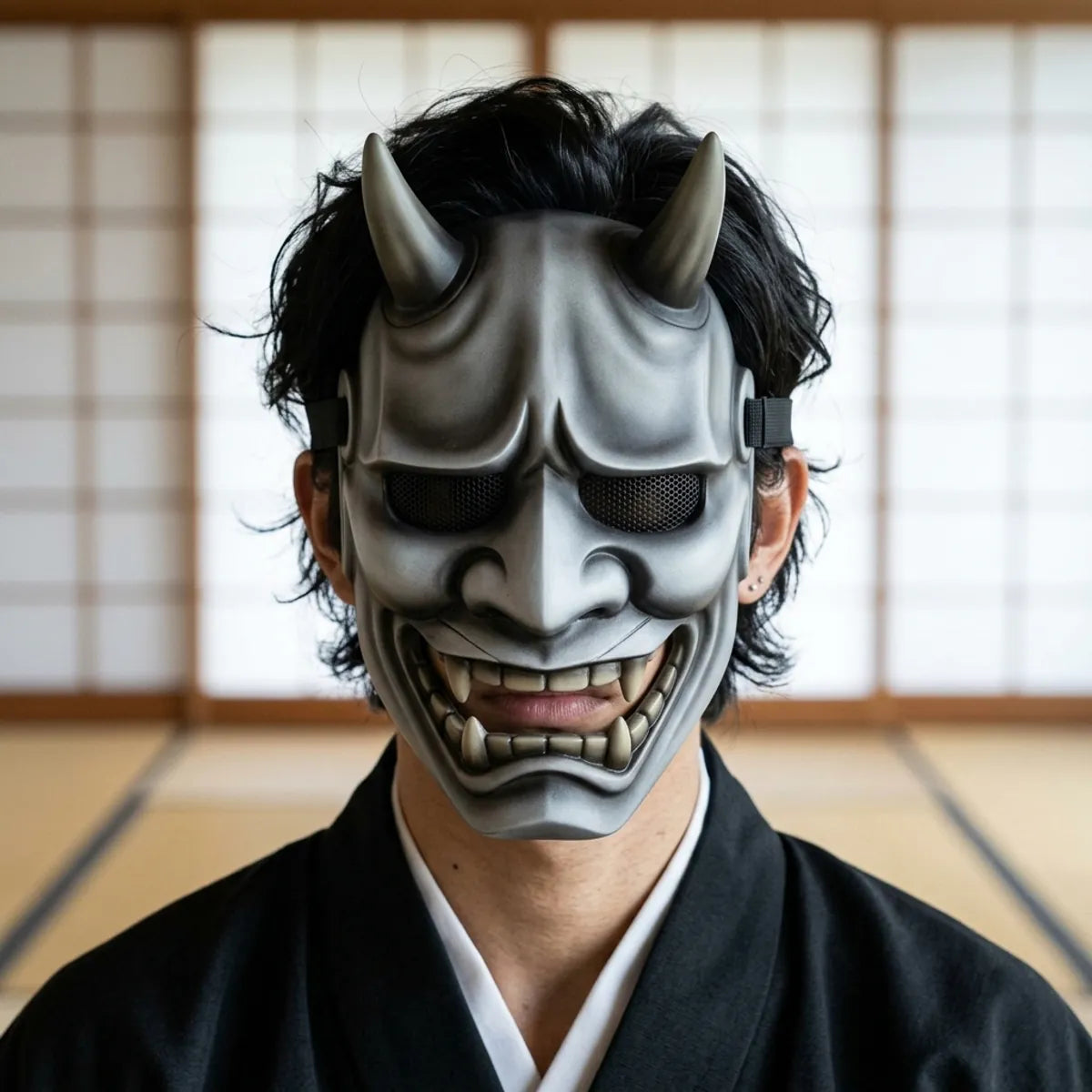 Hannya Oni mask facing forward, showing its grey-to-charcoal ombre shading, curved horns and bared fangs.